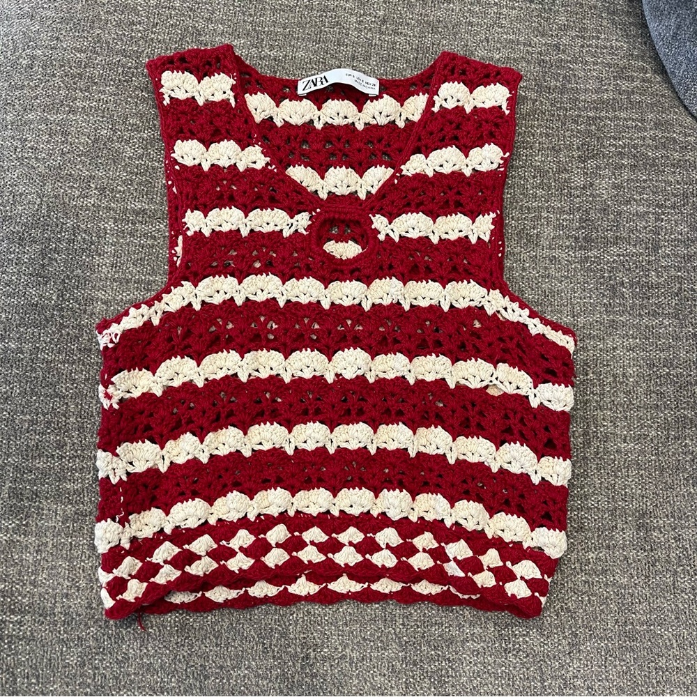 Zara Burgundy and Cream Crochet Sweater Vest